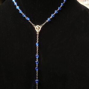 Blue Beaded Heart Rosary with Silver Chain